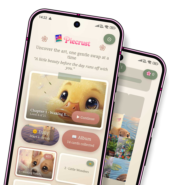 Piecrust app screens showing the chapter map, daily streak and album of collected cards