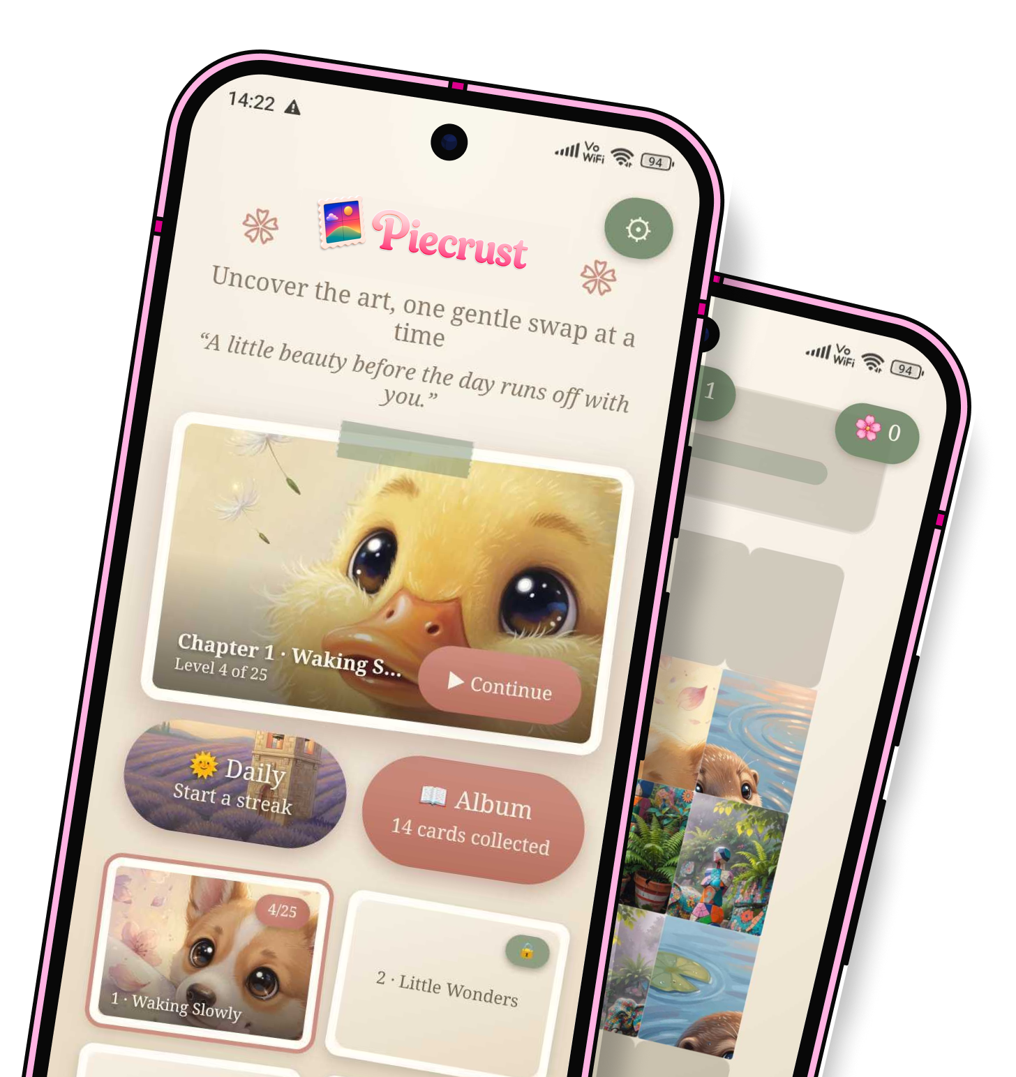 Piecrust app screens showing the chapter map, daily streak, album of collected cards and a picture puzzle in progress